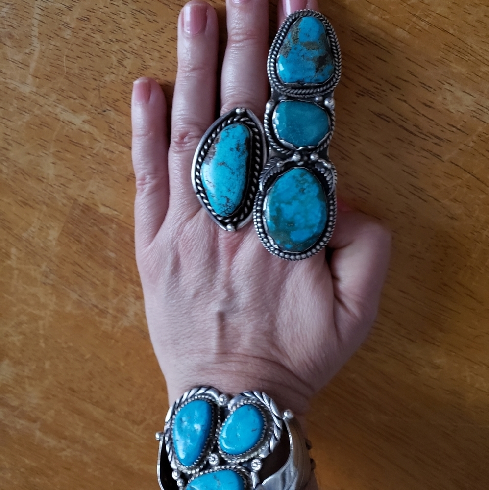 huge genuine turquoise ring 3 stone unmarked